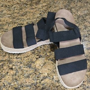 Madden Girl Black Triple-Strap Platform Sandals with Tan Footbed